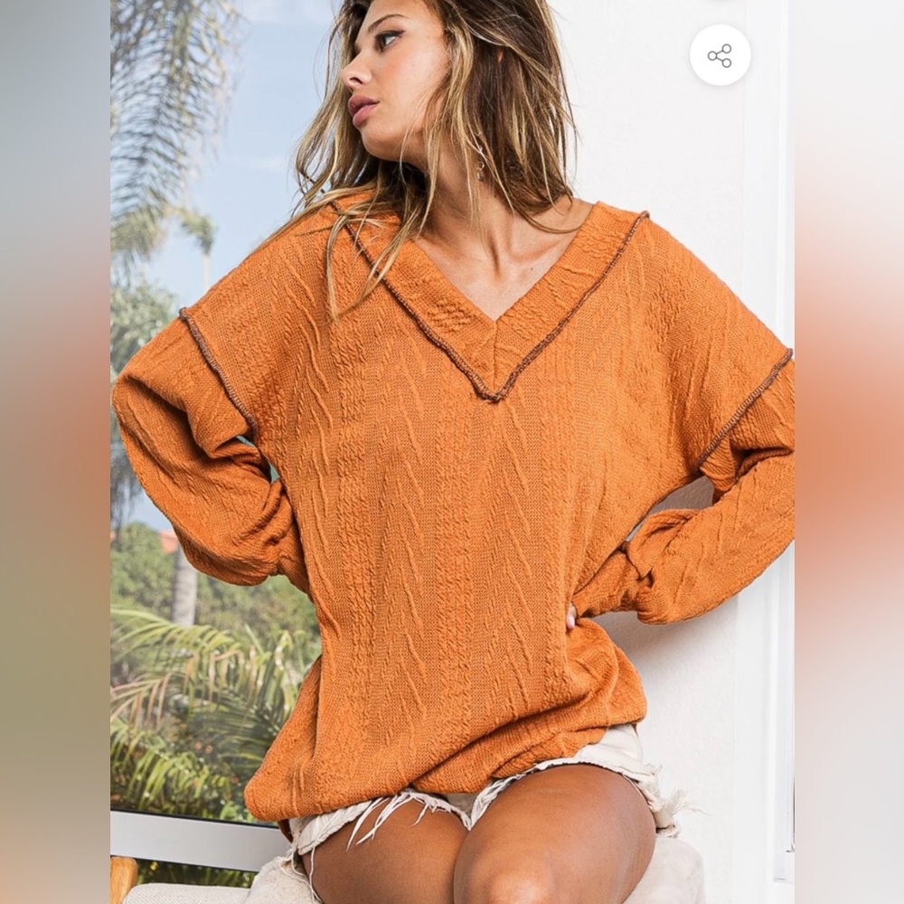 BiBi Textured Exposed Seam Drop Shoulder Knit Top